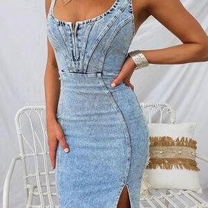 Bodycon denim dress stretchy jean midi Medium light wash